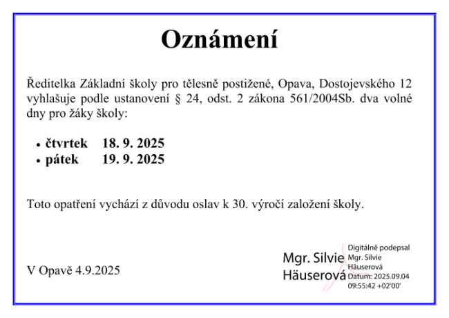 oznámení o volných dnech 18. a 19. září 2025